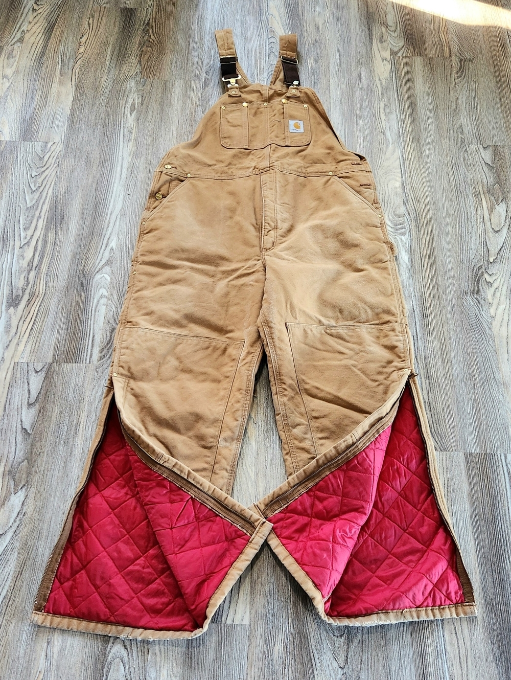 Y2K Carhartt R02 Brown Duck Canvas Bib Overall 44x32 Insulated Double Knee USA - Picture 3 of 15